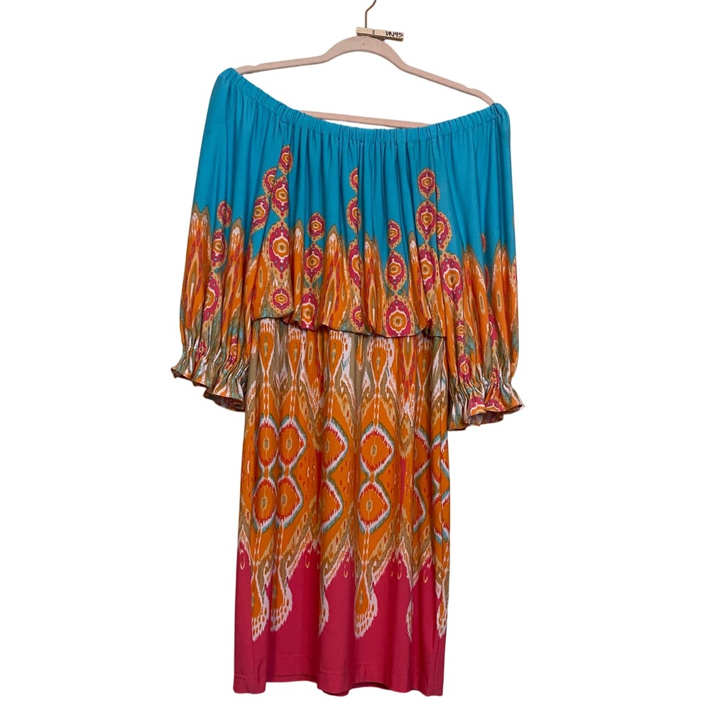 Boho Off The Shoulder Ikat Print Ruffle Tiered Shift Dress Turquoise Orange Pink